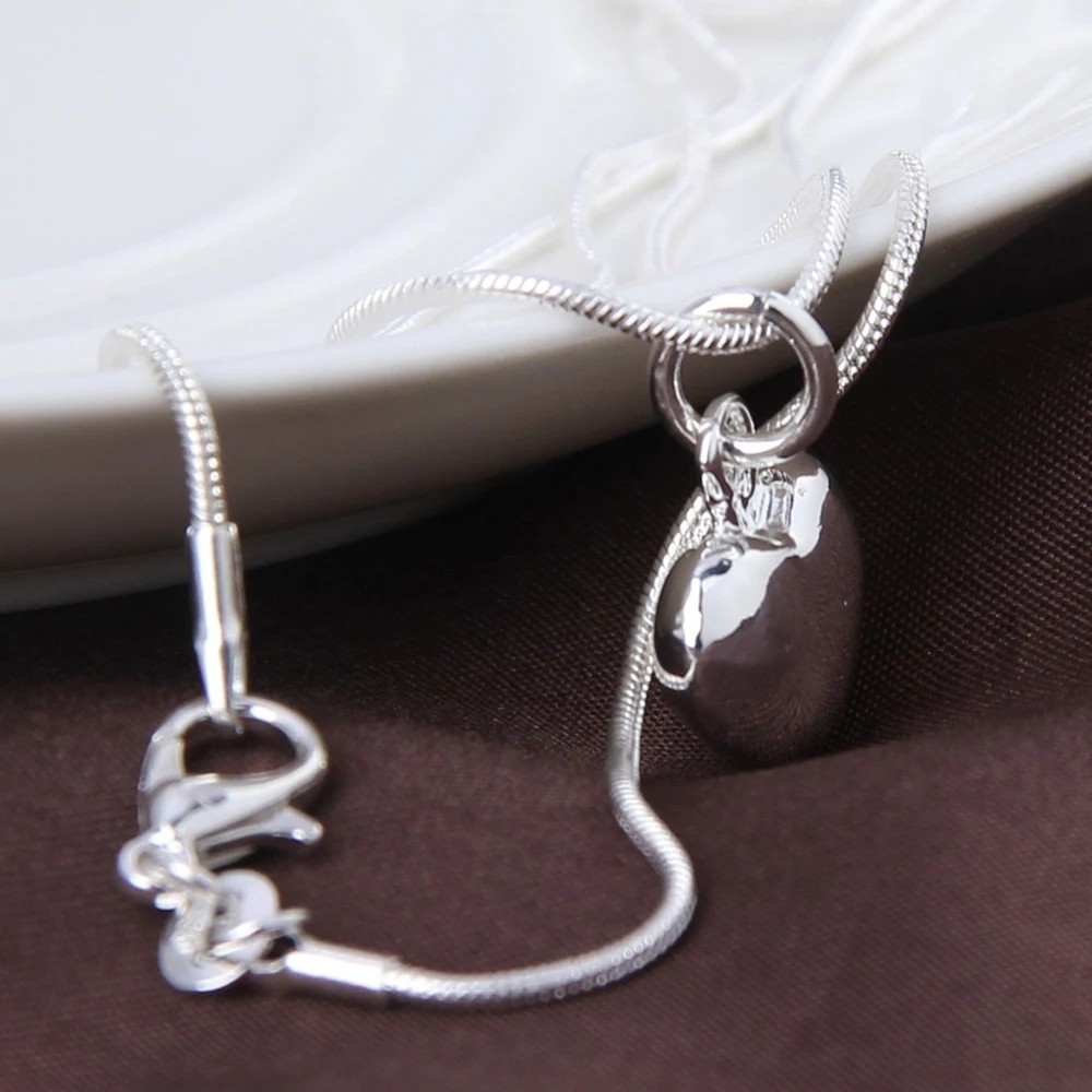 Fine 925 Sterling Silver Solid Heart Necklace Snake Chain For Women