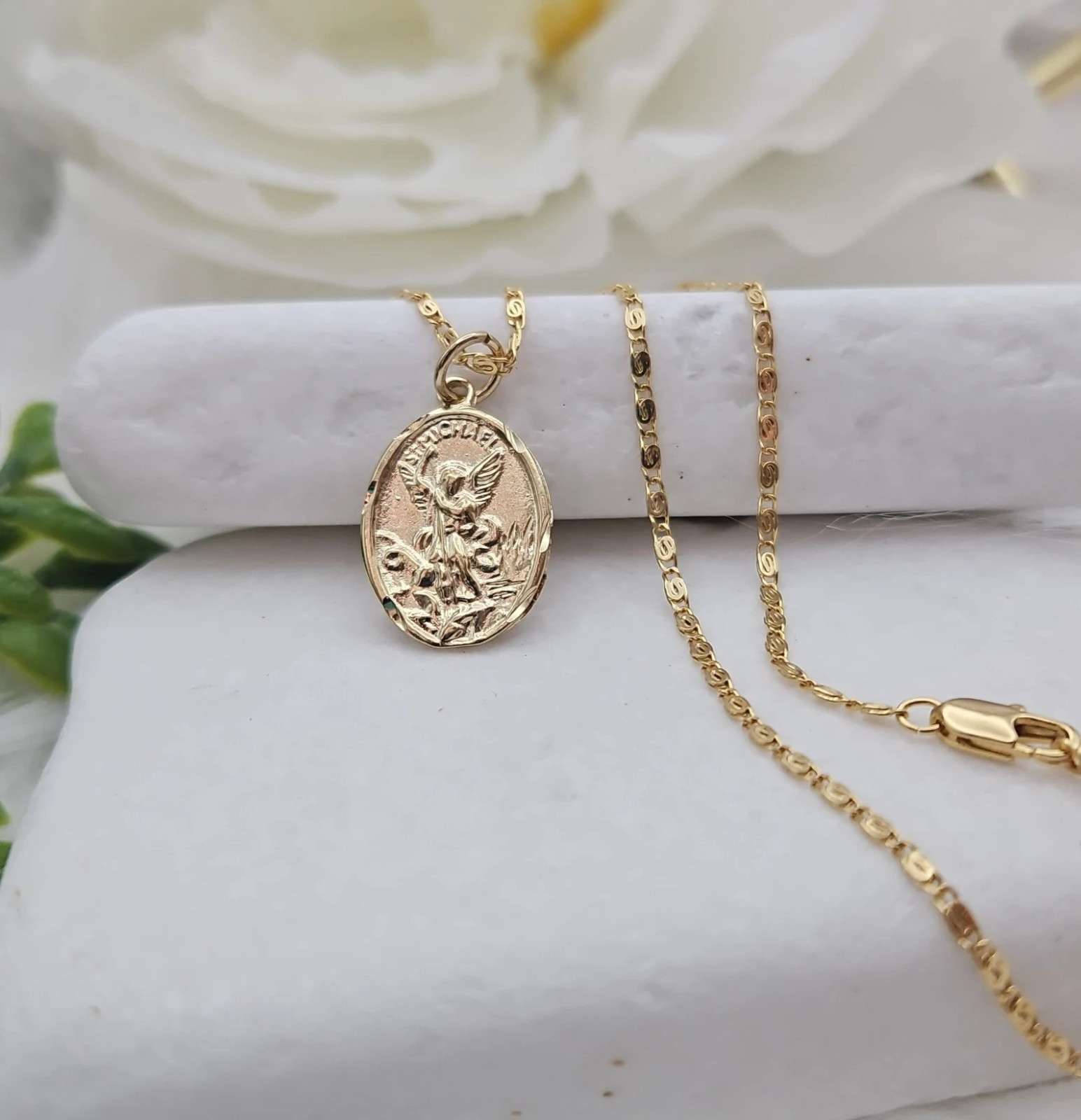 Gold Oval Saint Michael Pendant, 14k Heavy Plated Necklace