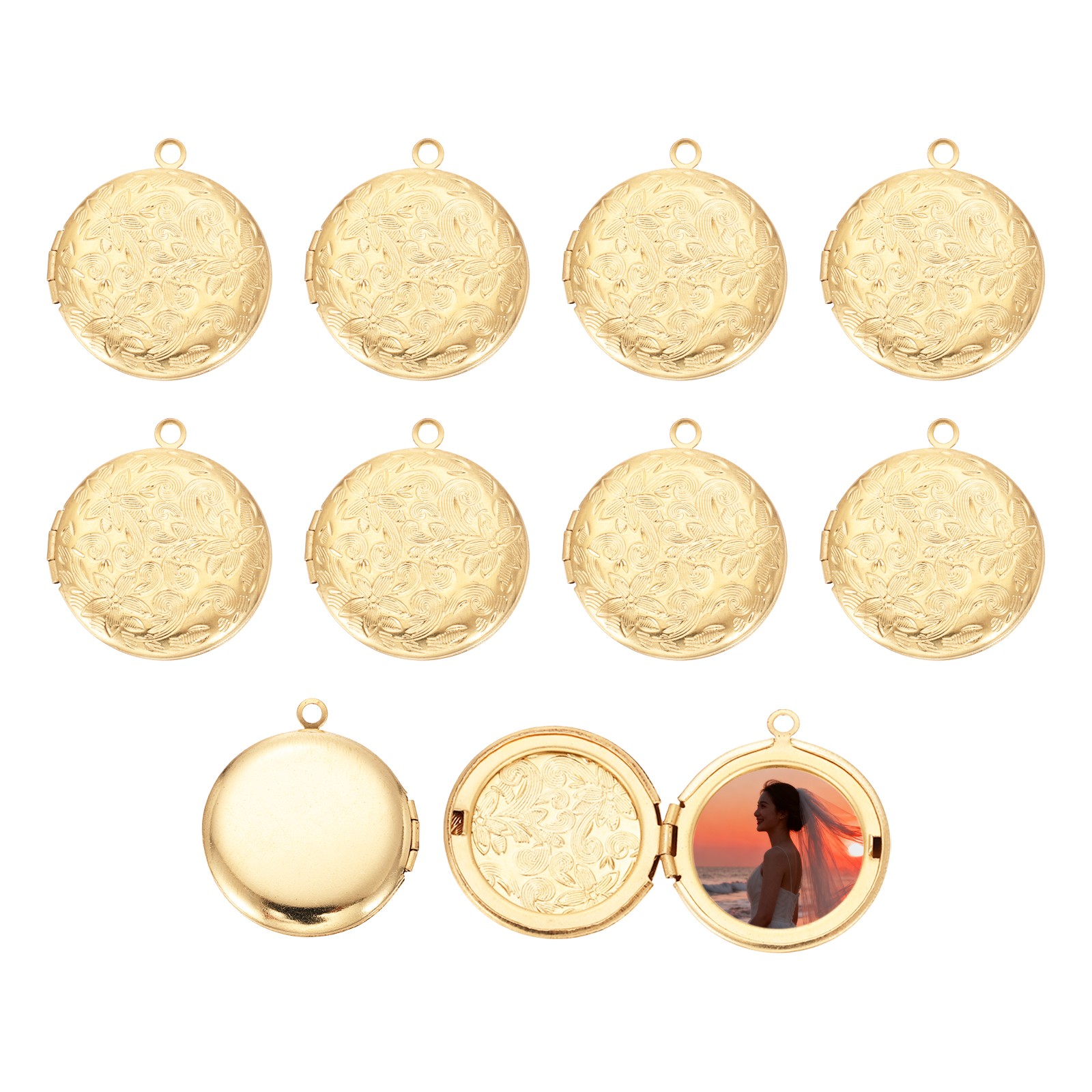 10Pcs Light Gold Tone Retro Round Engraved Flower Picture Locket Pendant for DIY
