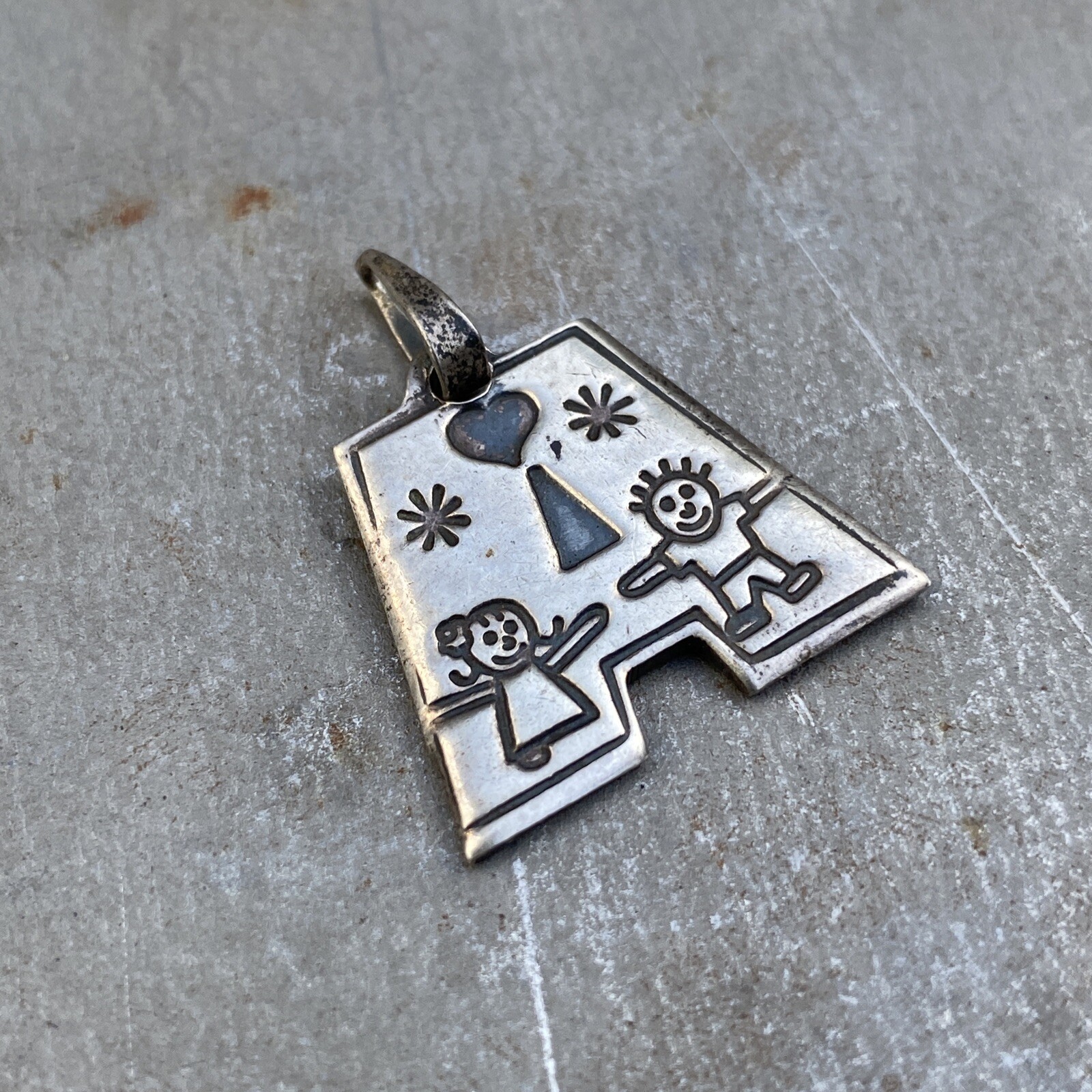 Sterling Silver Mexico Large “A” Initial With Children Figures Pendant Charm