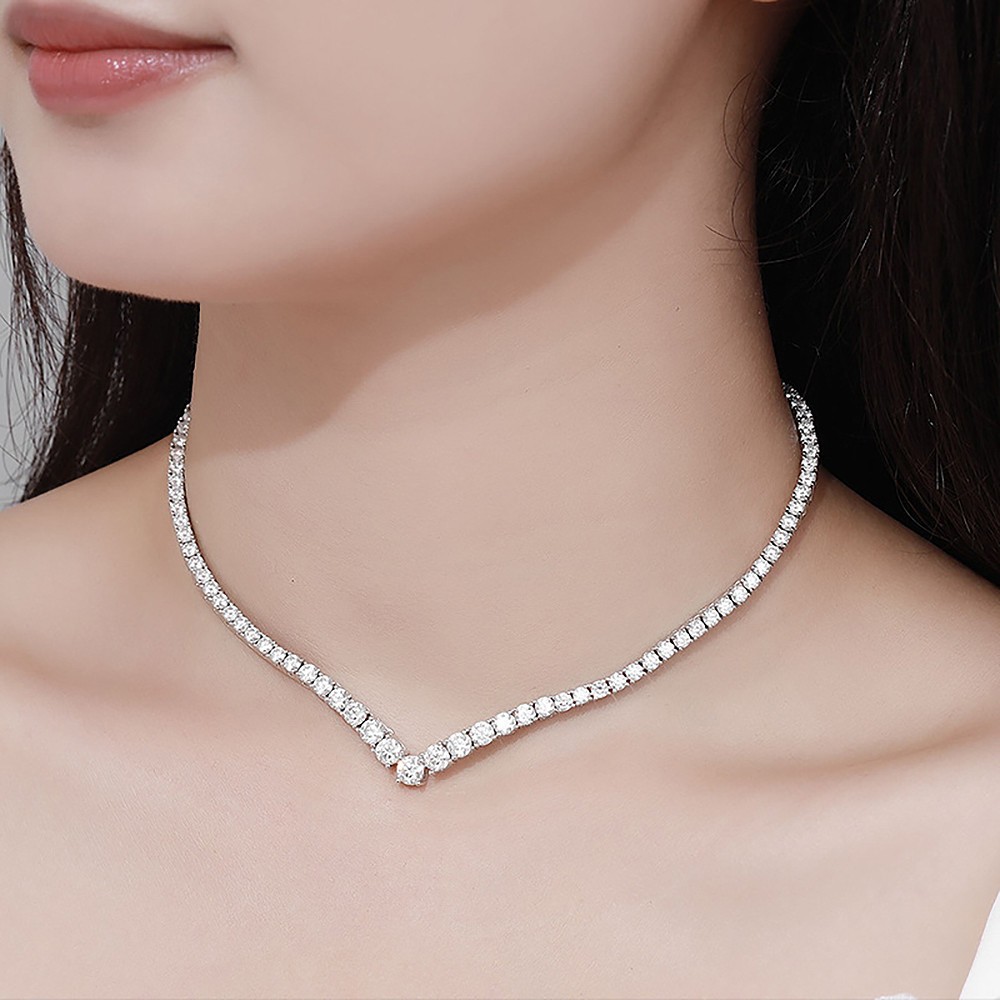 V-shaped All Moissanite Diamond Tennis Necklace with Gra for Women 925 Silver