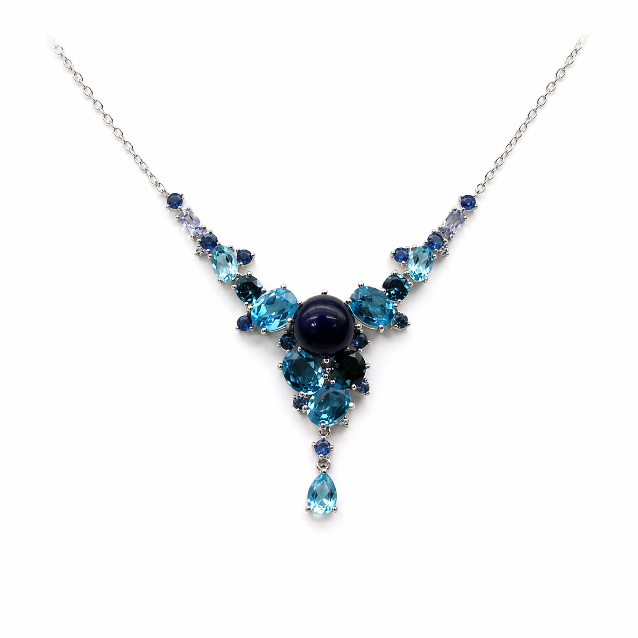 925 Sterling Silver 10 mm. Blue Sapphire Topaz Zircon Necklace 18.0 In.