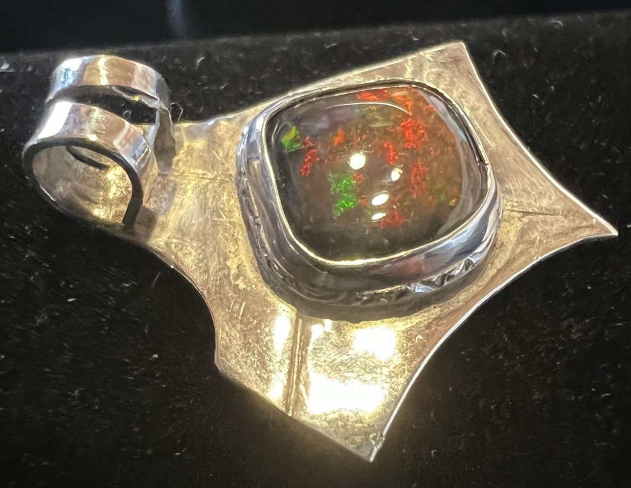 Gorgeous Australian Black Opal .Sterling Silver Pendant – Tons of FIRE + COLOR!!