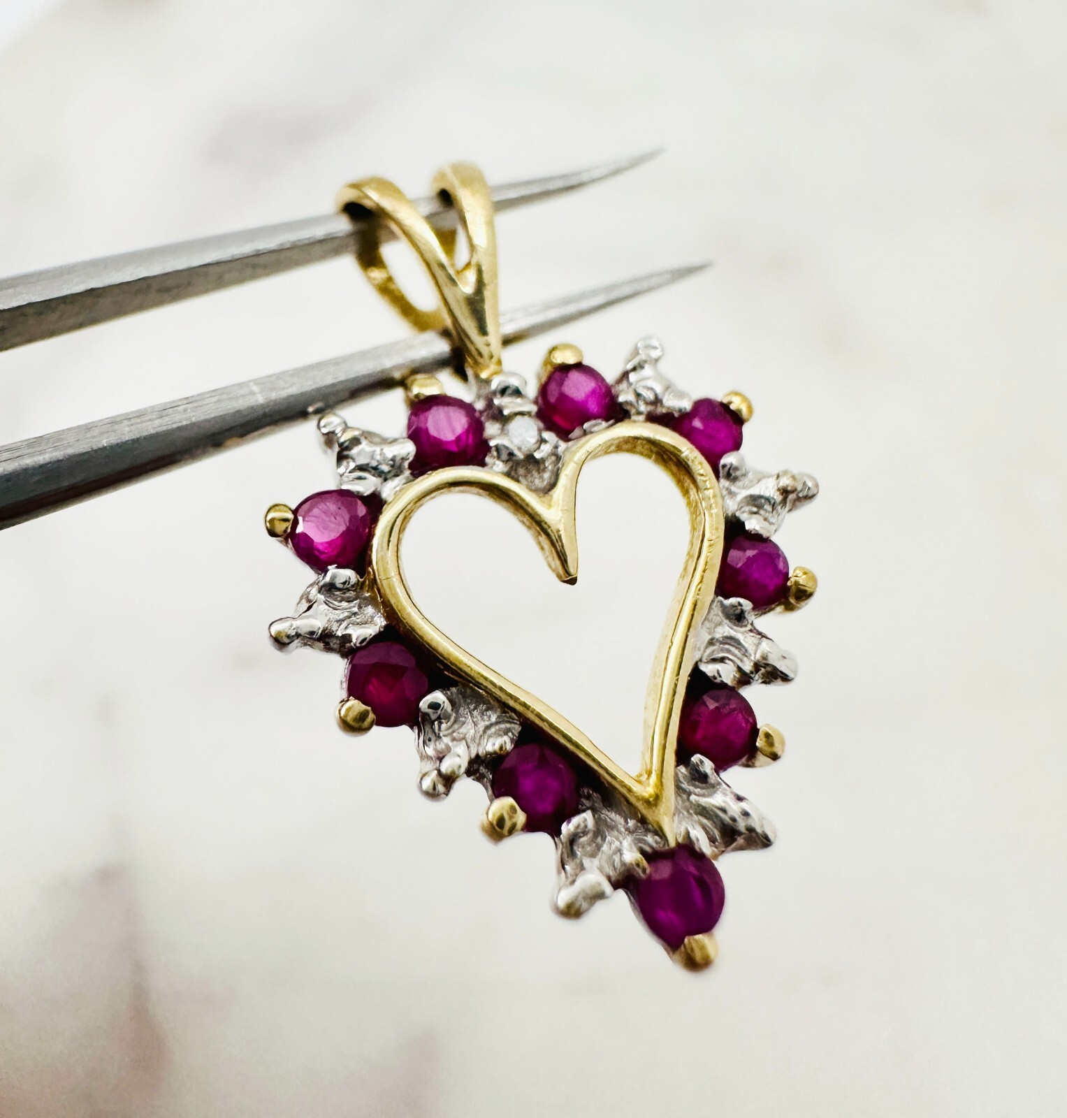 Estate 10K Multi-Tone Gold Ruby w/Diamond Accent Small Heart Pendant 19x13mm