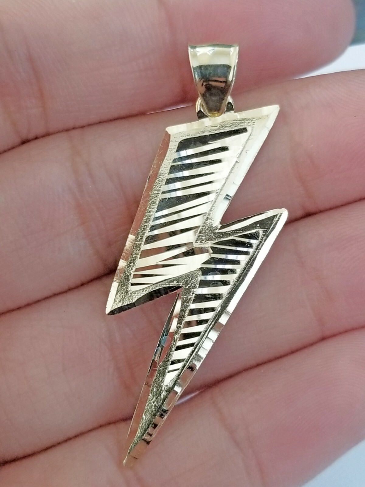 Men 10k Yellow Gold Lightning Bolt Charm Pendant Diamond Cut Design