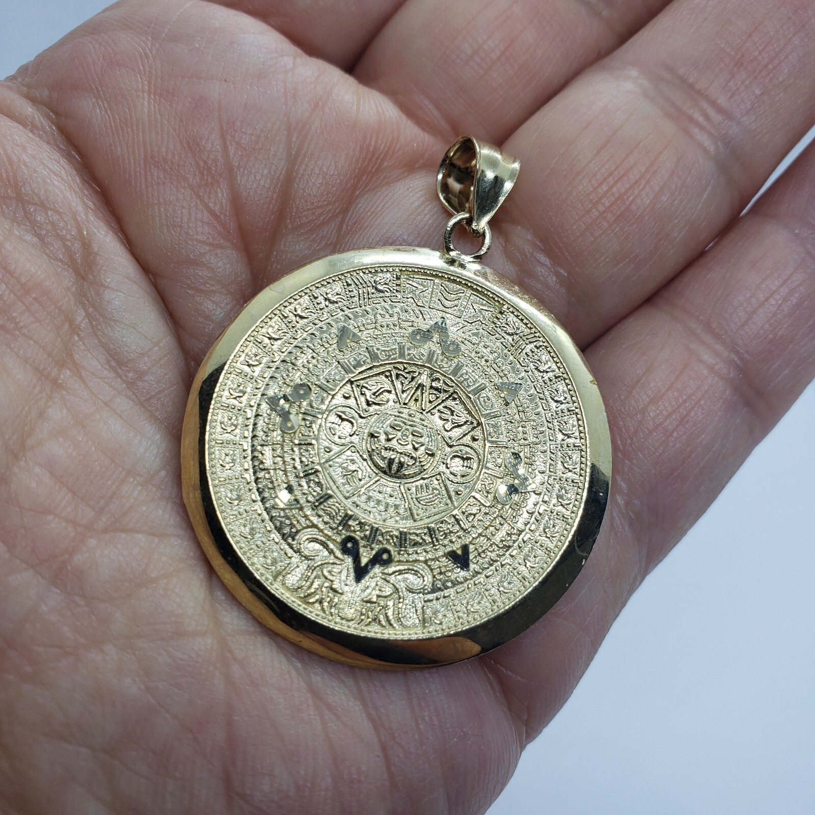 10K Solid Yellow Gold Aztec Mayan Sun Calendar Charm Pendant 3 Sizes