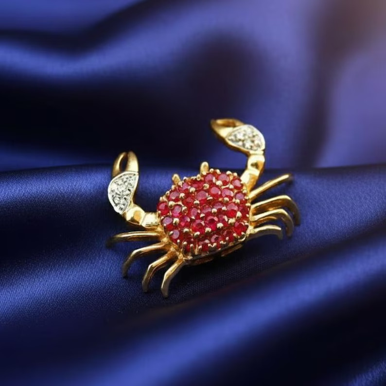 Ruby Crab Brooch Pin Red 2Ct Round Cut Real Moissanite 14k Yellow Gold Plated