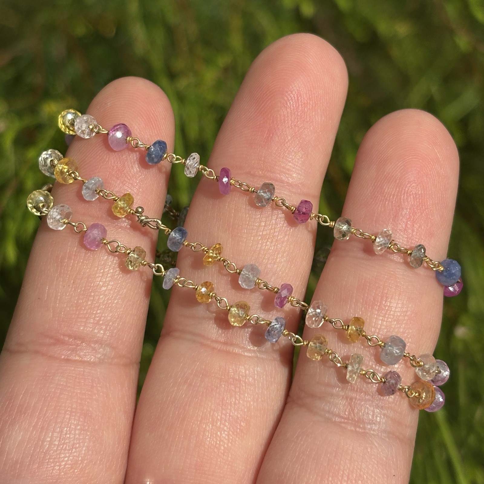 925 Sterling Silver Multi Color Gemstone Single Strand Necklace Gold-tone 18″