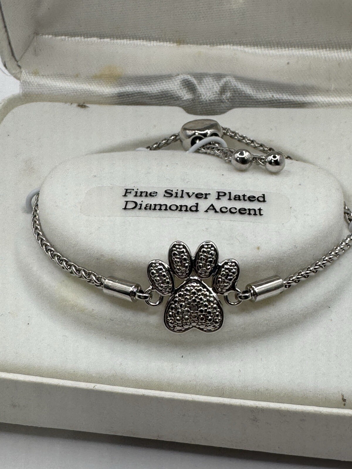 Fine Silver Plated Diamond Accent Dog/Cat Paw Adjustable Bracelet.
