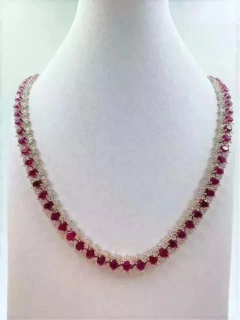 17Ct Oval Cut Lab Created Red Ruby Women’s Tennis Necklace 14K White Gold Plated
