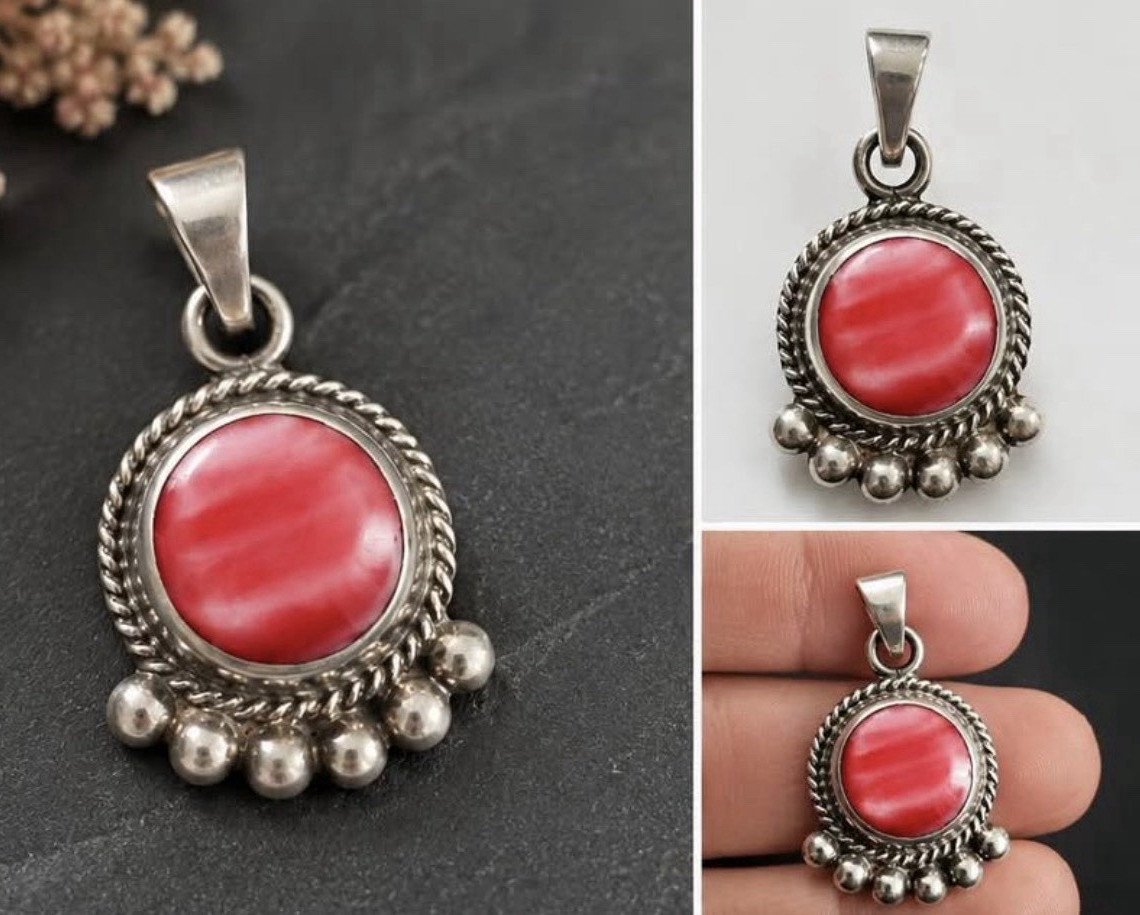 Taxco Signed 925 Sterling Silver Round Pink Stone Bezel Pendant