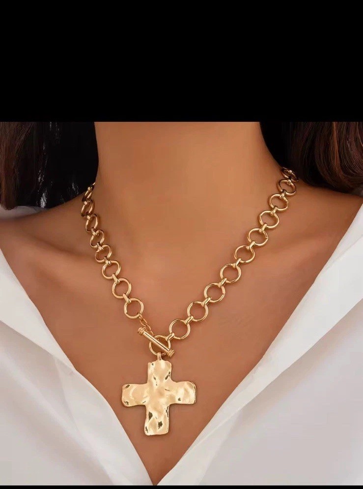 Chunky Cross Necklace 18K Gold Layered Hammered Jewelry Statement Pendant NWT US