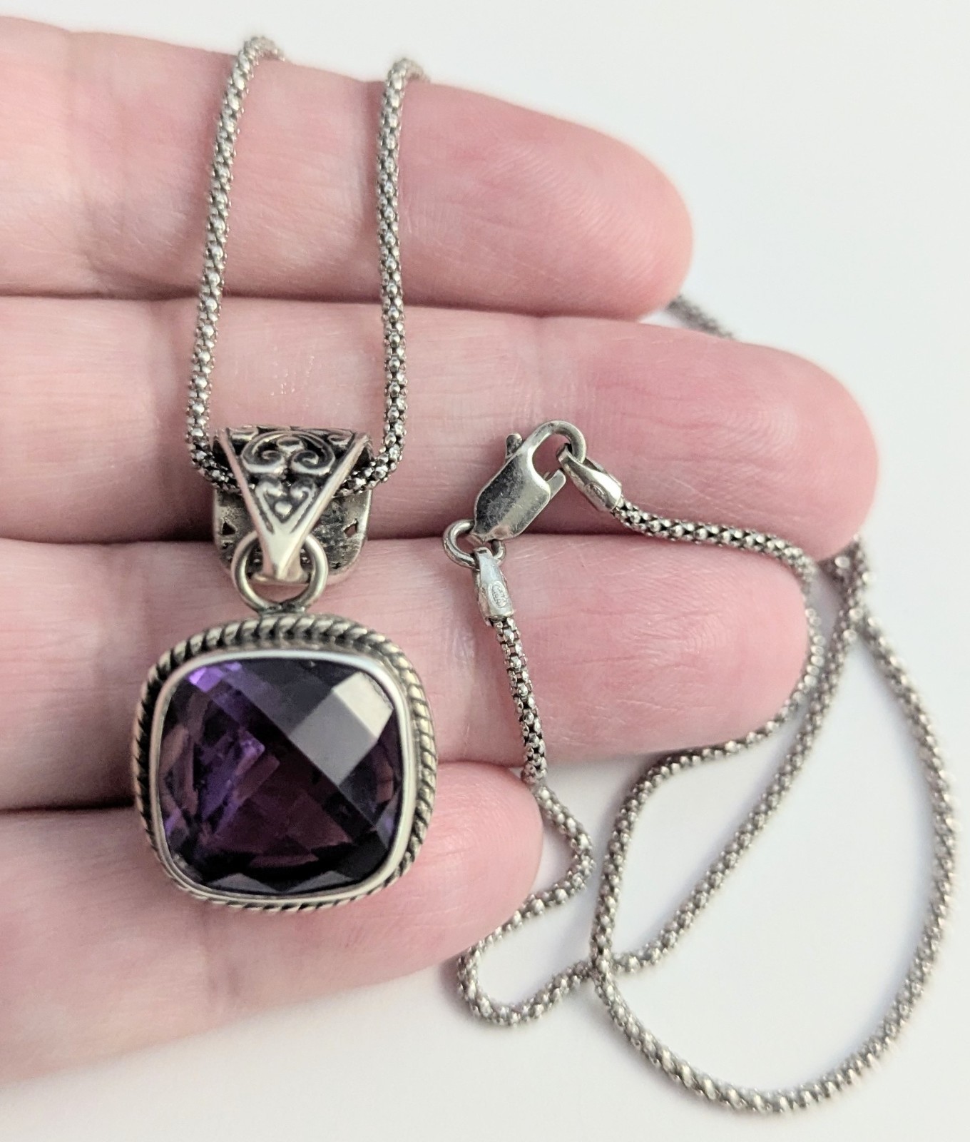 Sterling Silver Cushion Cut Purple Amethyst Filigree Popcorn Link Necklace