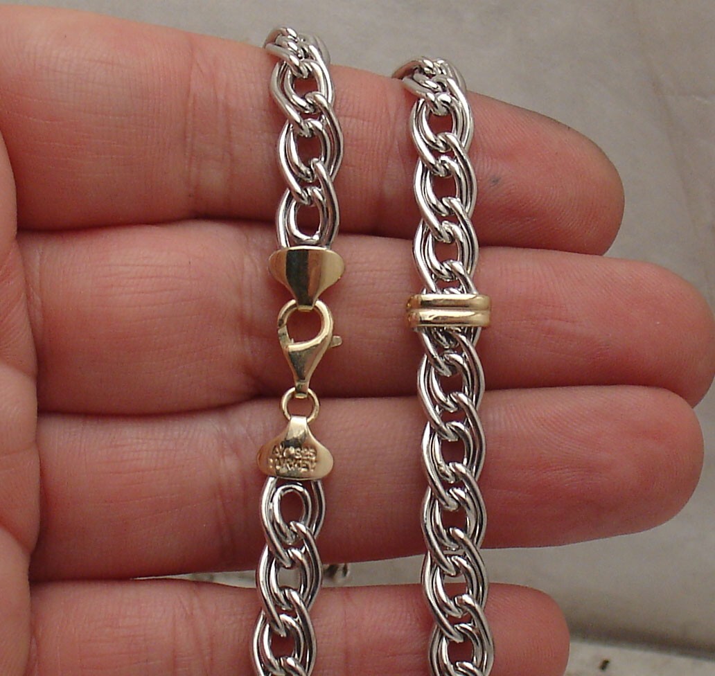 Technibond Bar Station Double Curb Chain Necklace 14K TwoTone Gold Plated Silver