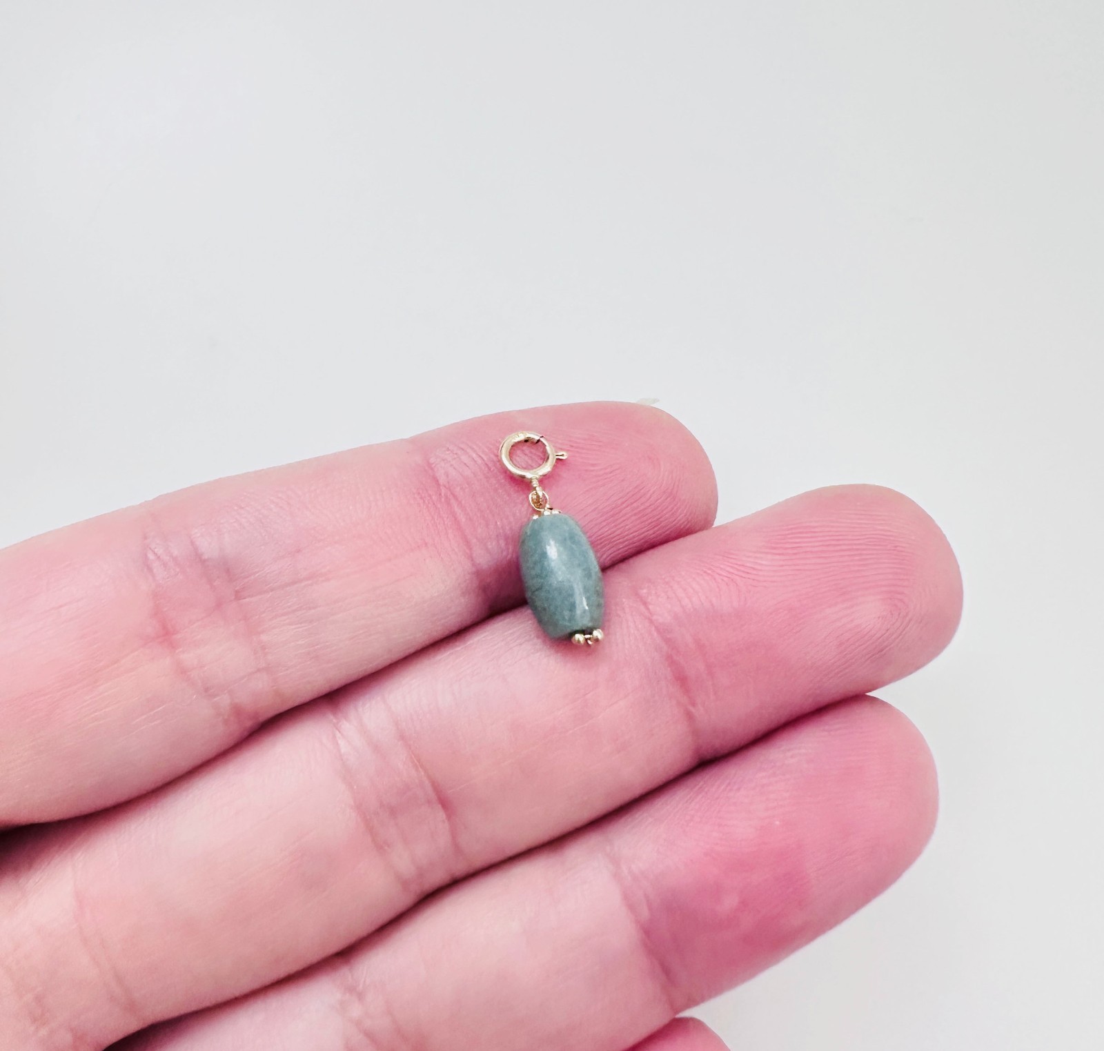 14K Solid Yellow Gold Barrel Blue-Green Jade Small Charm Pendant w/Spring Clasp