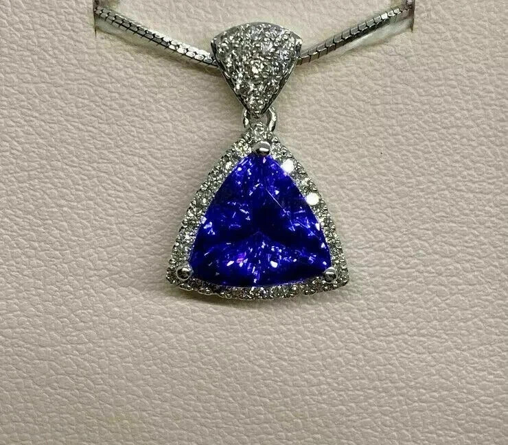 3Ct Trillion Cut Lab Created Blue Tanzanite Halo Pendant 14k White Gold Plated