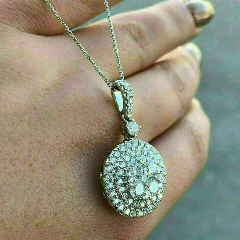 2Ct Round Cut VVS1 Diamond Cluster Pendant 14K White Gold Finish Free Chain
