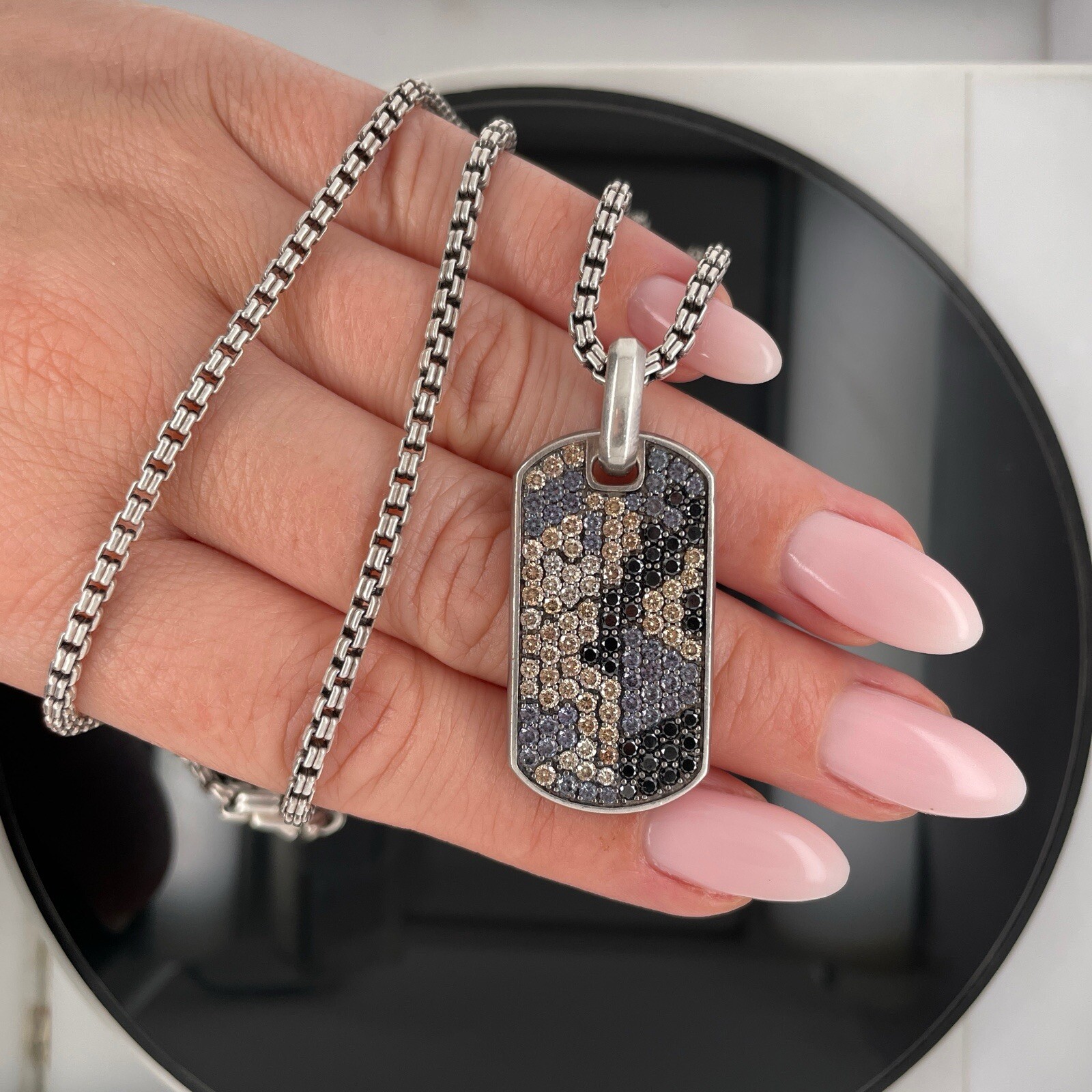 David Yurman Silver Diamonds & Garnets Chevron Tag Pendant Necklace $5000 Retail