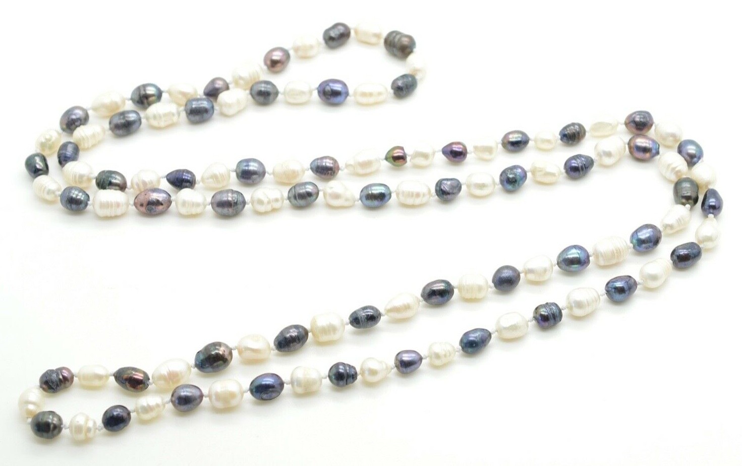 Freshwater Pearl Necklace White Color & Black Pearls Strand 46″ Long 7mm Wide