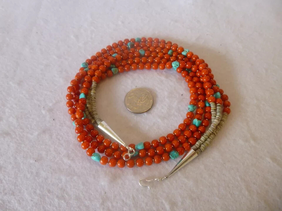 Coral/Turquoise Nuggets Native American Southwestern 925 Multi strand Necklace