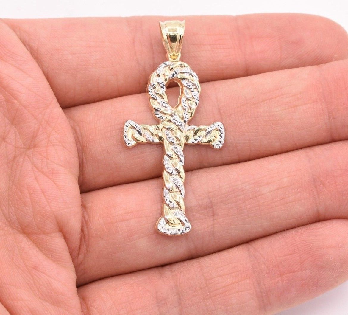 2″ Diamond-Cut Ankh Cross Pendant 10K Yellow White Gold