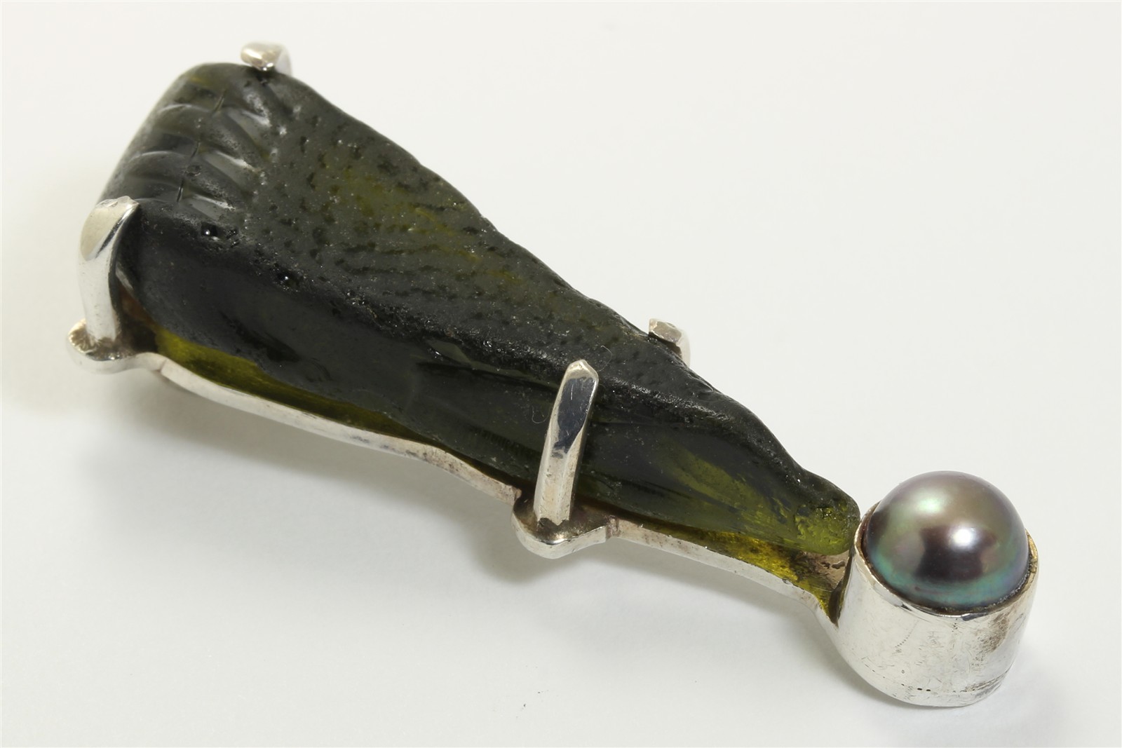 Designer Agot Sterling Silver Modernist Moldavite & Pearl Gemstone Pendant