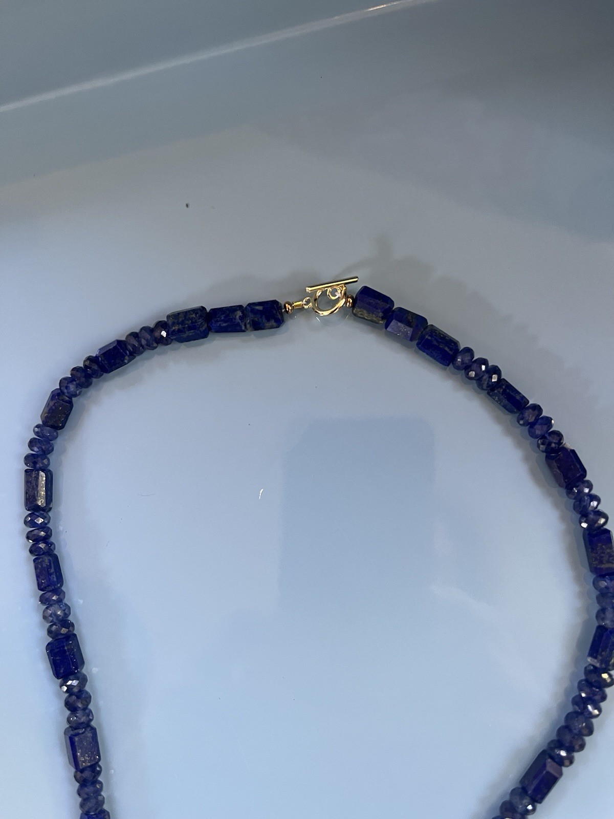 Lapis Kyanite Bead Necklace With Emerald Cut Citrine And Yellow Scallop Shell