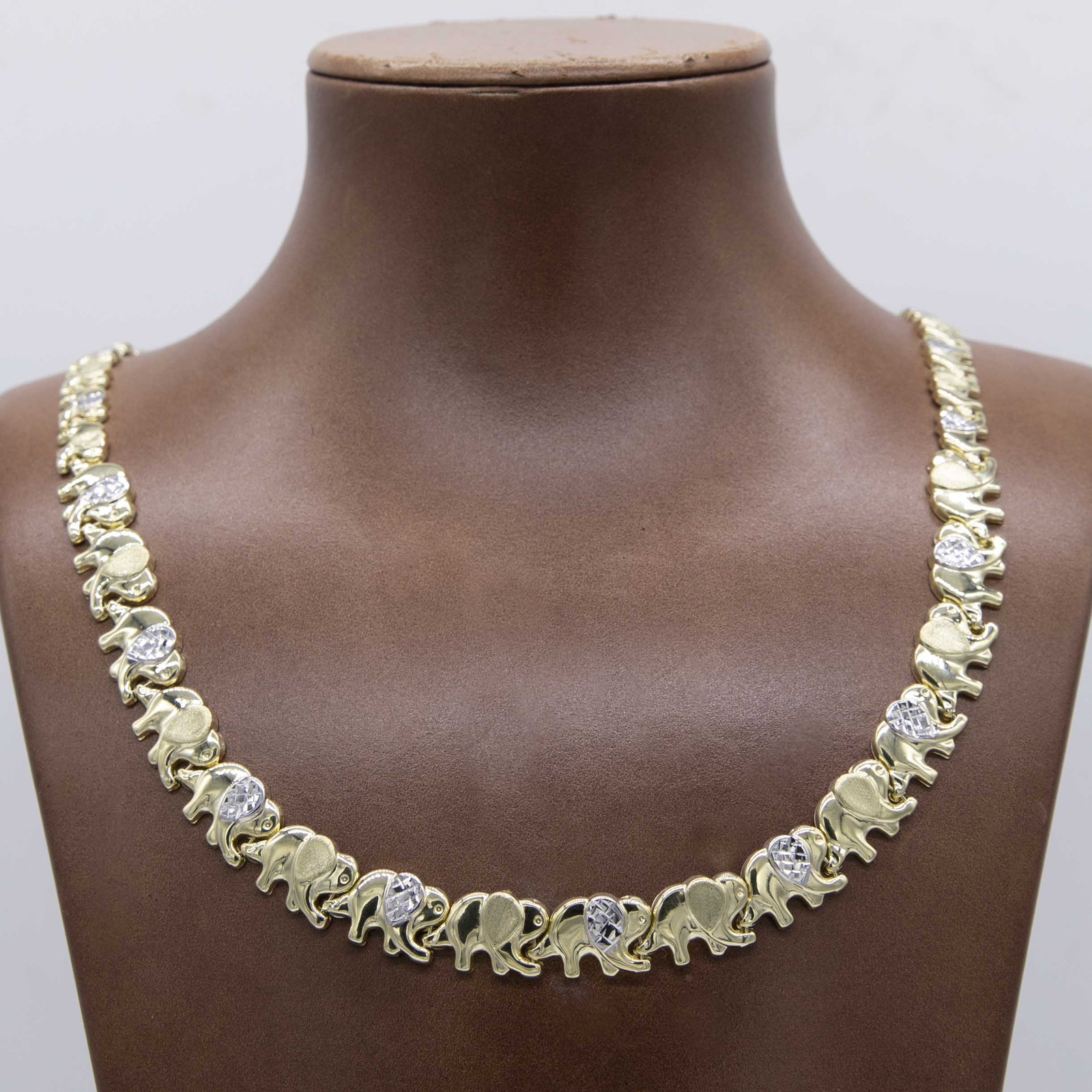 Graduated Diamond Cut Elephant Stampato Necklace 10K Yellow White Gold 18″