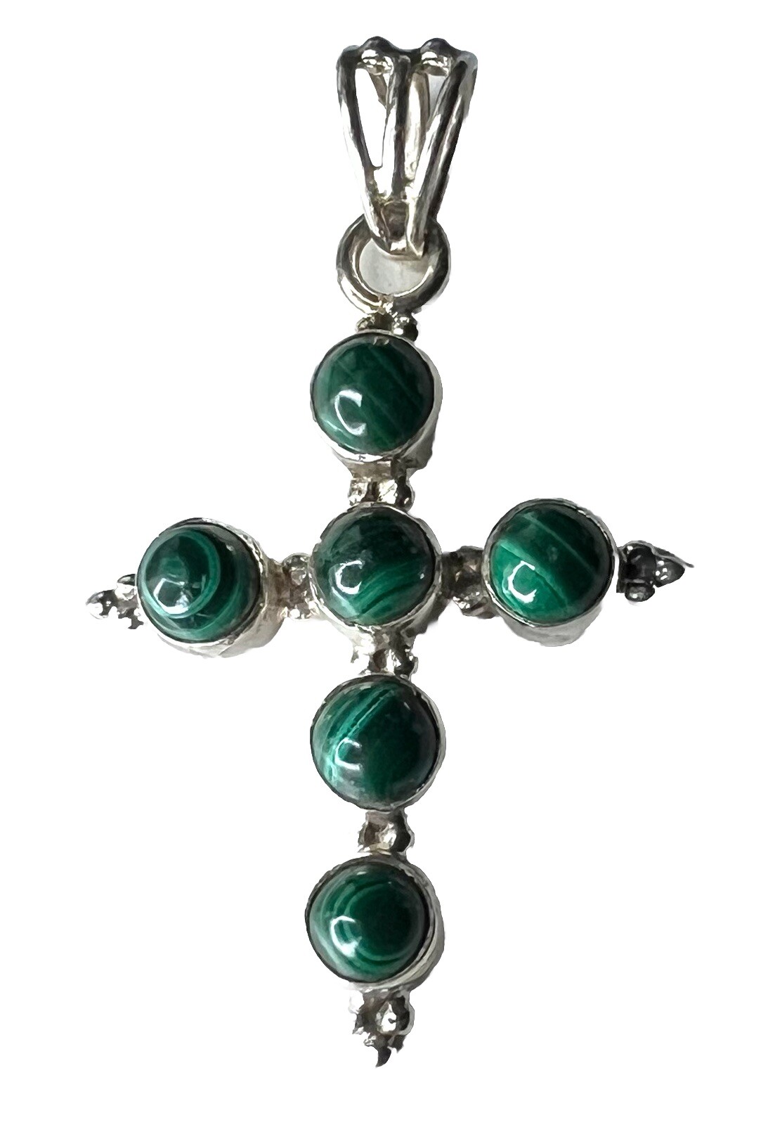 Malachite Sterling Silver Cross Pendant 1.25”Wx2”L NEW India