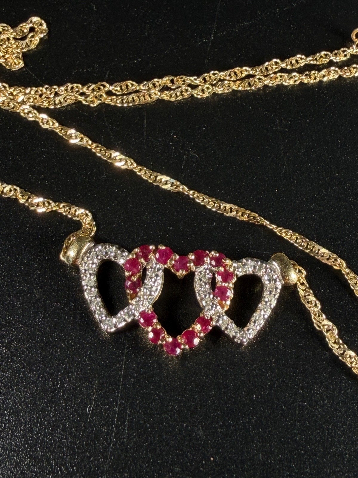 Vintage 14K Solid Gold Interlocking Triple Hearts Necklace Rubies Diamonds 17″