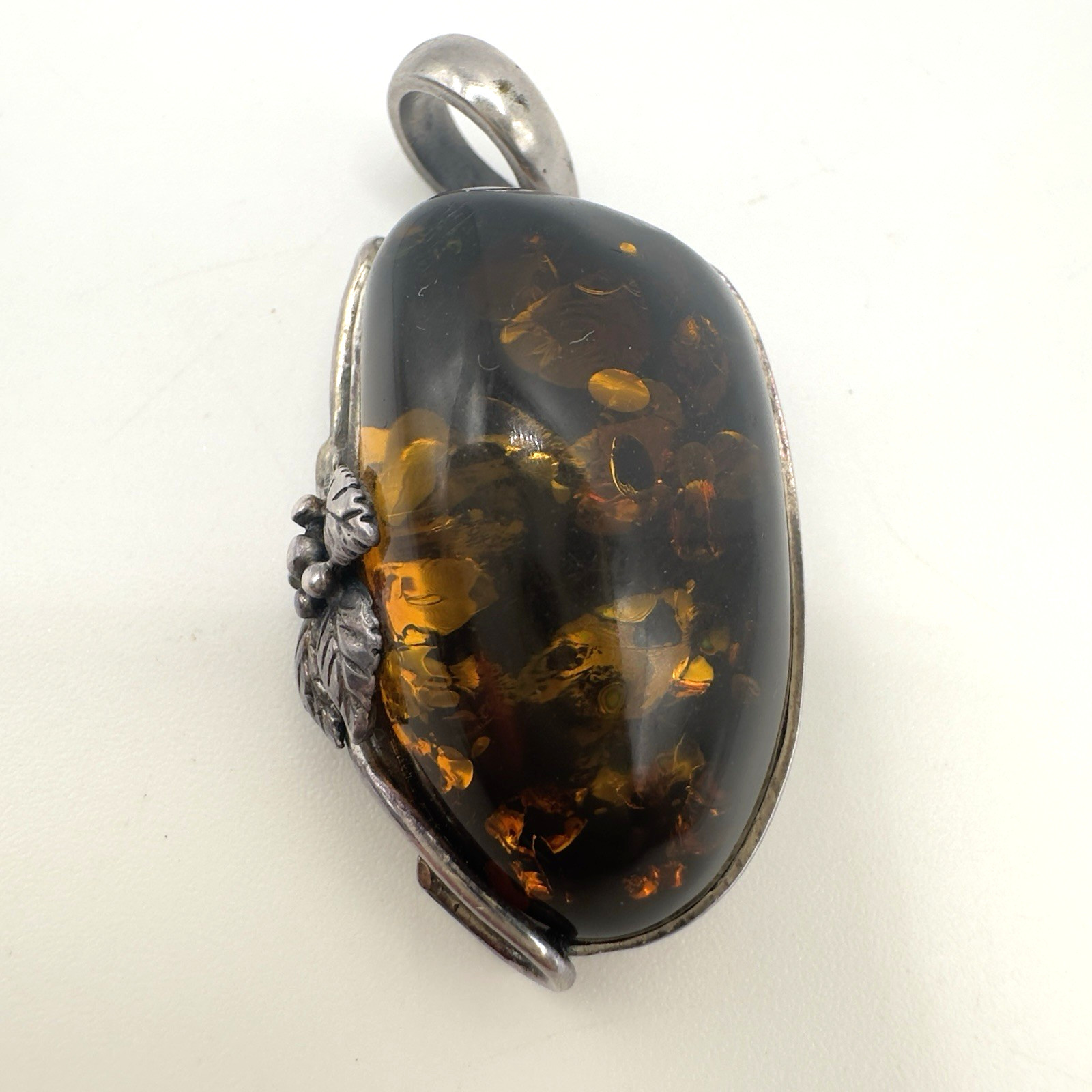 Vintage Sterling Silver Baltic Amber Pendant Deep Cognac Honey Color 11.8g 1.75″