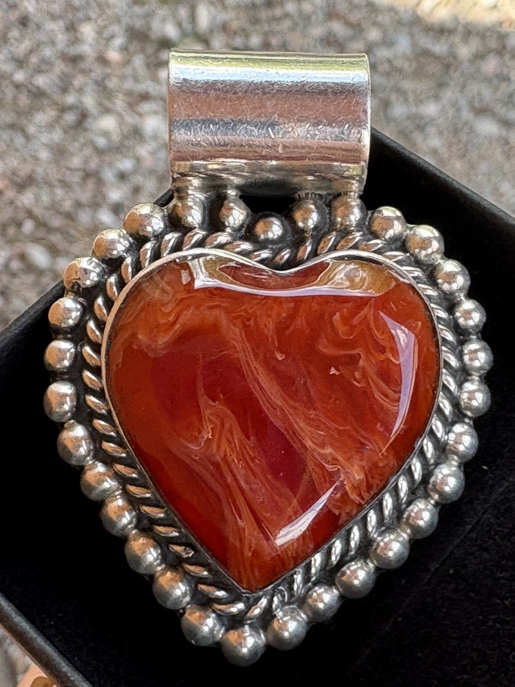 Mexico Large Heart Stone Pendant 925 Sterling Silver