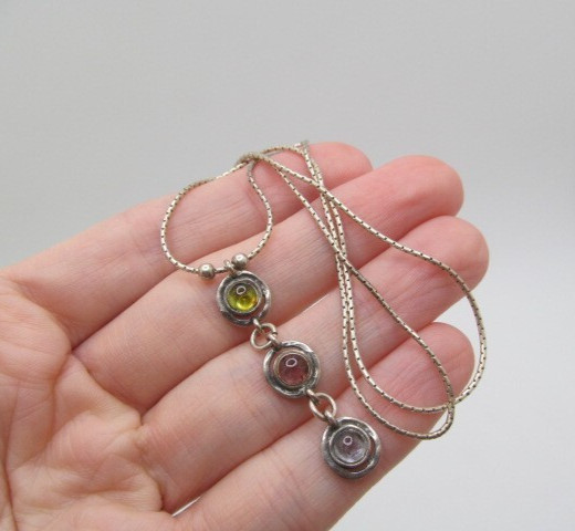 925 Sterling Silver Tourmaline Iolite Pink Yellow Round Disc Stone Necklace