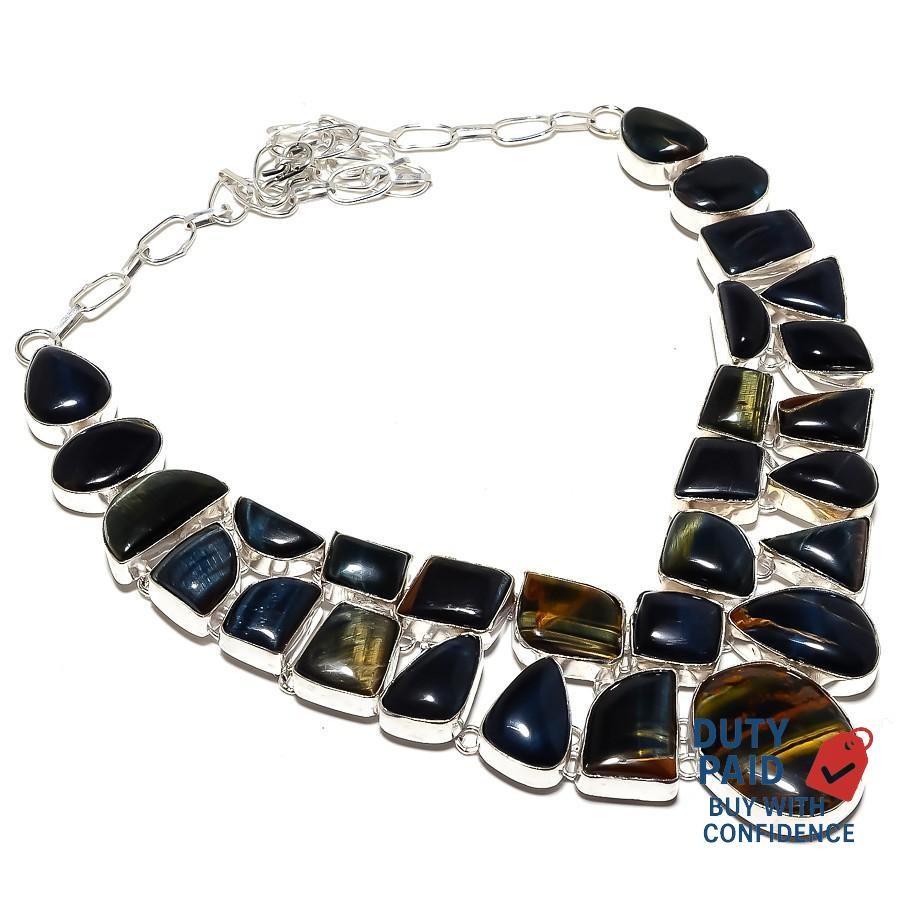 Sacral Chakra Genuine BLACK TIGER’S EYE Chain Hook Necklace 925 Sterling Silver