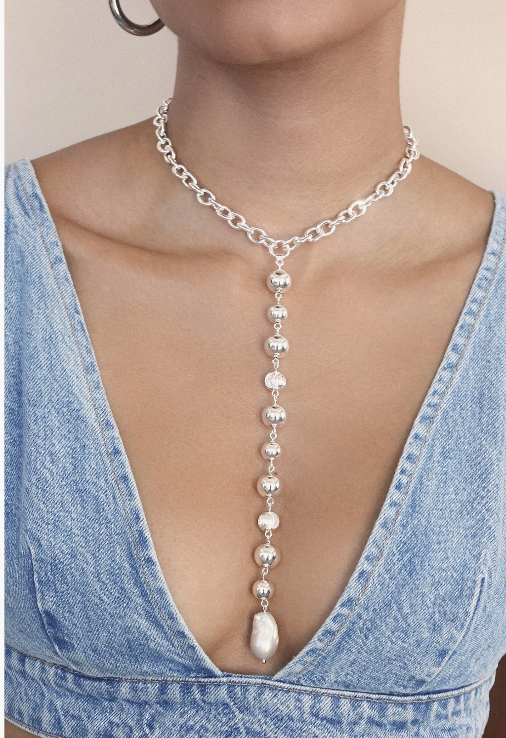 Ettika Cultured Freshwater Pearl Deep Drop Y-Necklace Silverplated New