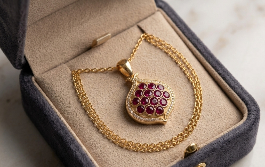 14K Gold Plated Lab Created Garnet Pomegranat Shape Pendant Necklace for Womens