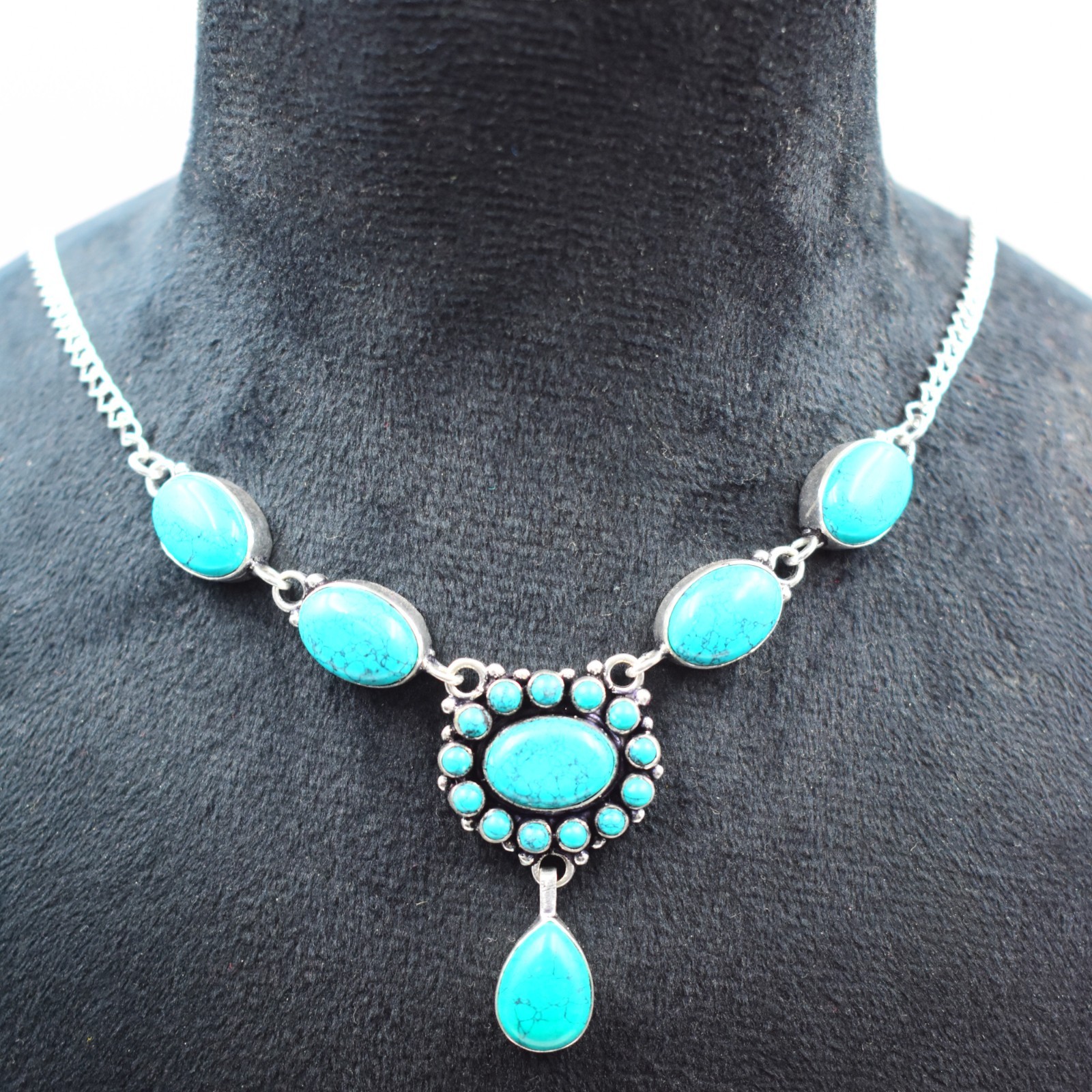 Blue Turquoise Gemstone Handmade 925 Sterling Silver Jewelry Necklace Sz-17-18″