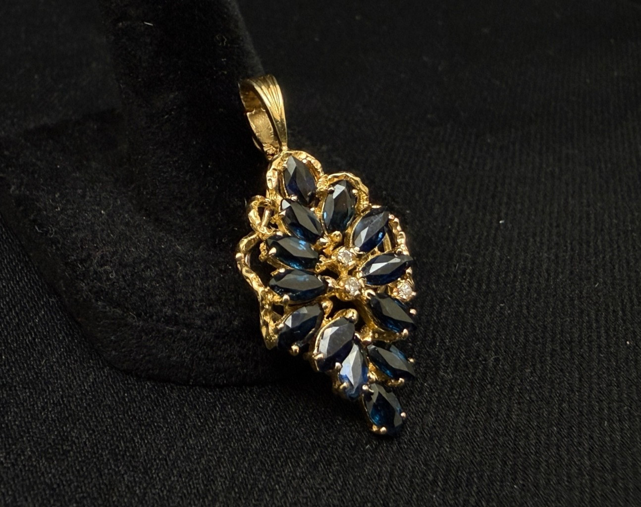 14K 585 Solid Yellow Gold Marquise Blue Sapphire & Diamond Pendant 5.28g