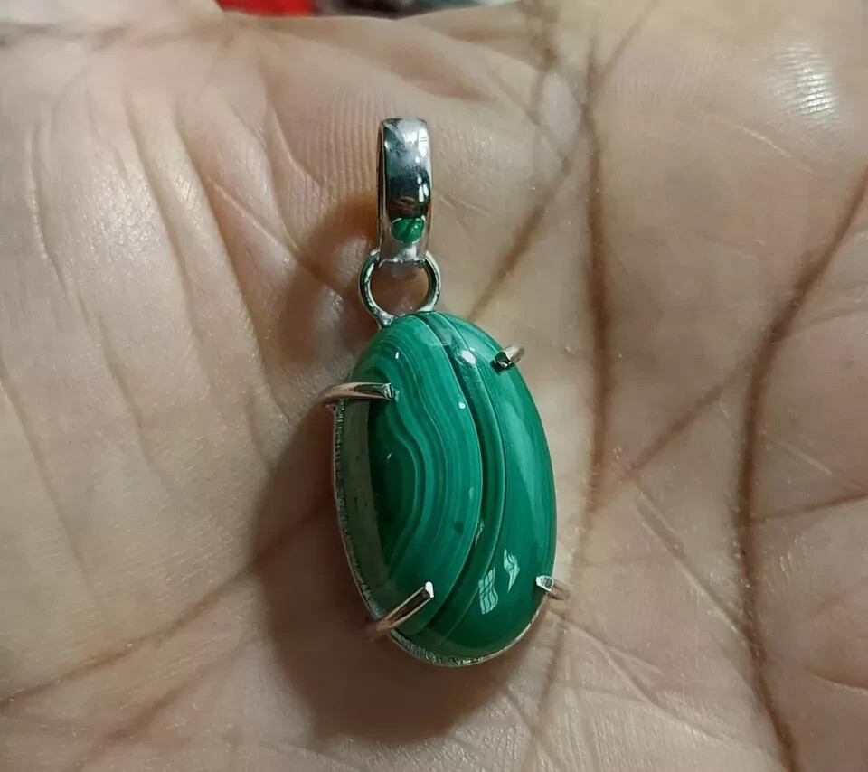 40.85 Ct+ Natural Green Malachite Pendant 925 Solid Silver Oval Cut HG Gemstone