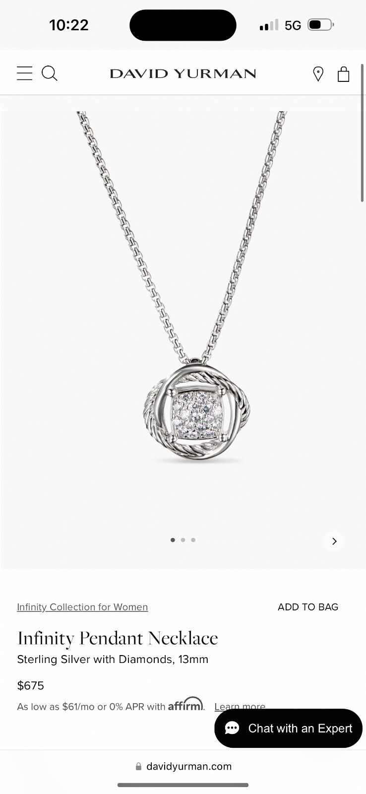 David Yurman Sterling Silver & Diamond Pave Infinity Necklace Pendant