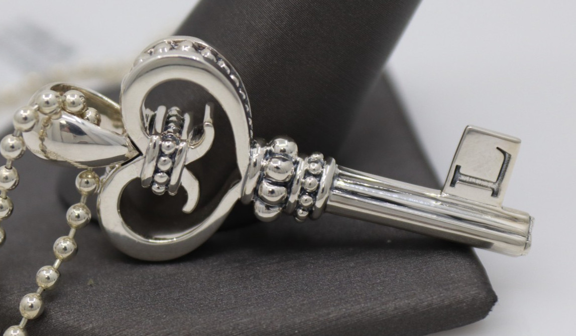 Lagos Caviar Sterling Silver Signature Key Pendant Beaded Necklace 34″ – 24G