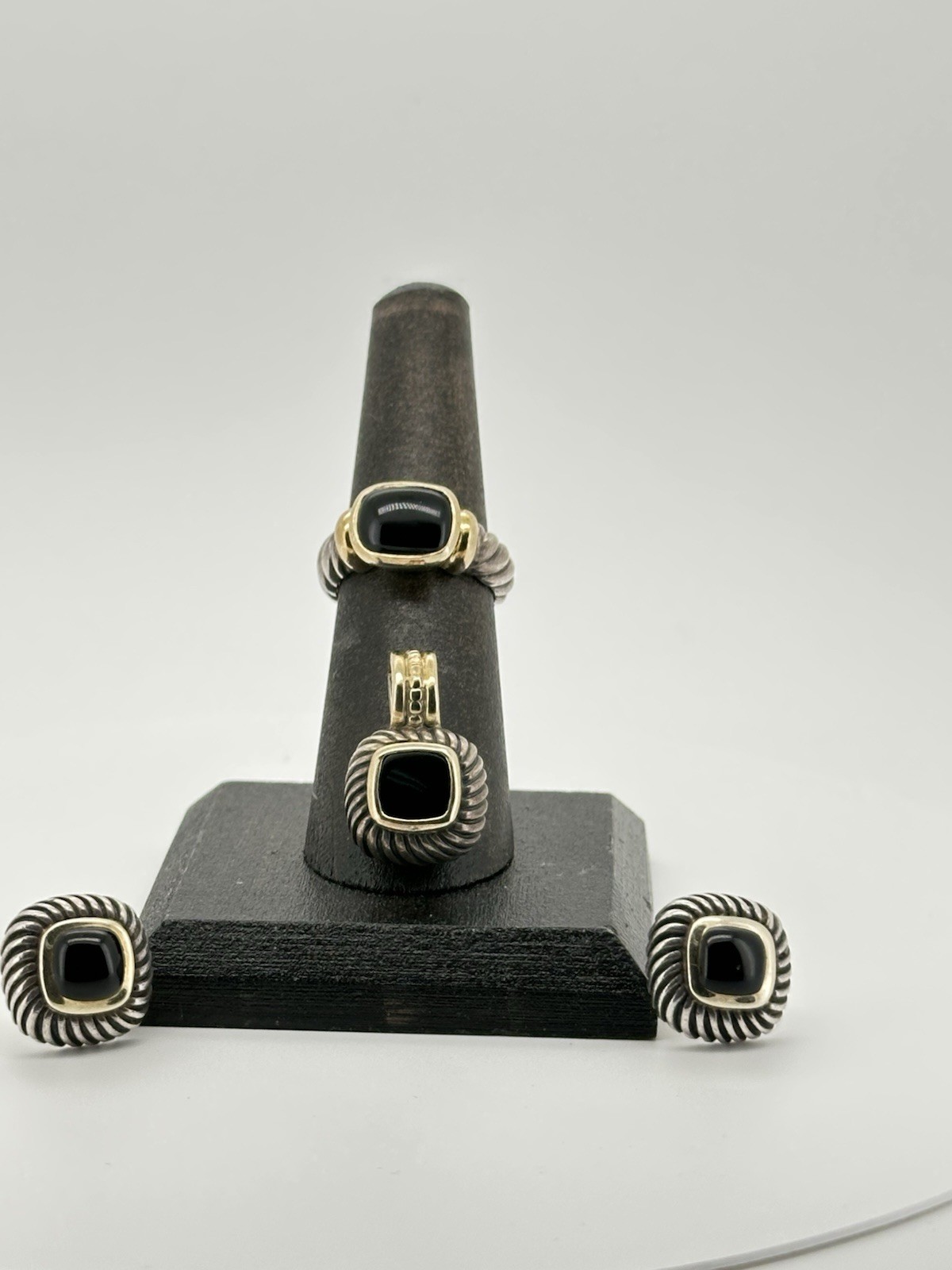 DAVID YURMAN Albion Sterling & 14K Gold Black Onyx Set/Earrings/Ring5/Pendant