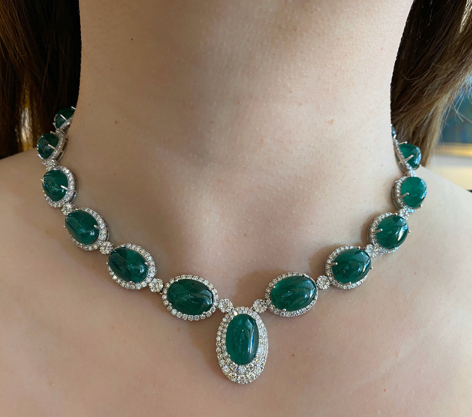 GIA Cabochon Emerald and Diamond Necklace in 18k White Gold – HM2304AB