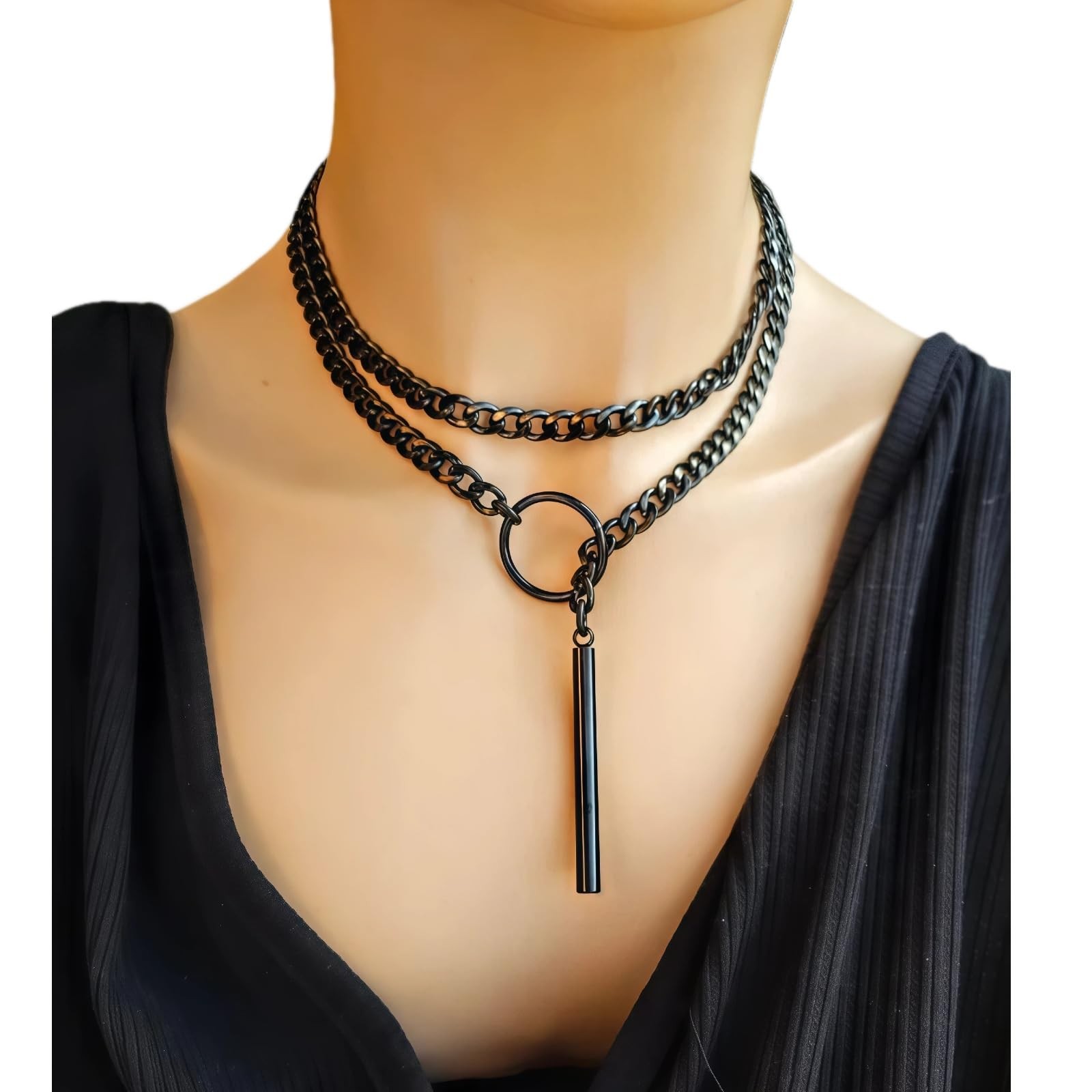 Stainless Steel Cuban Chain Y-Shape Slip Chain Necklace, Black Choker Necklac…