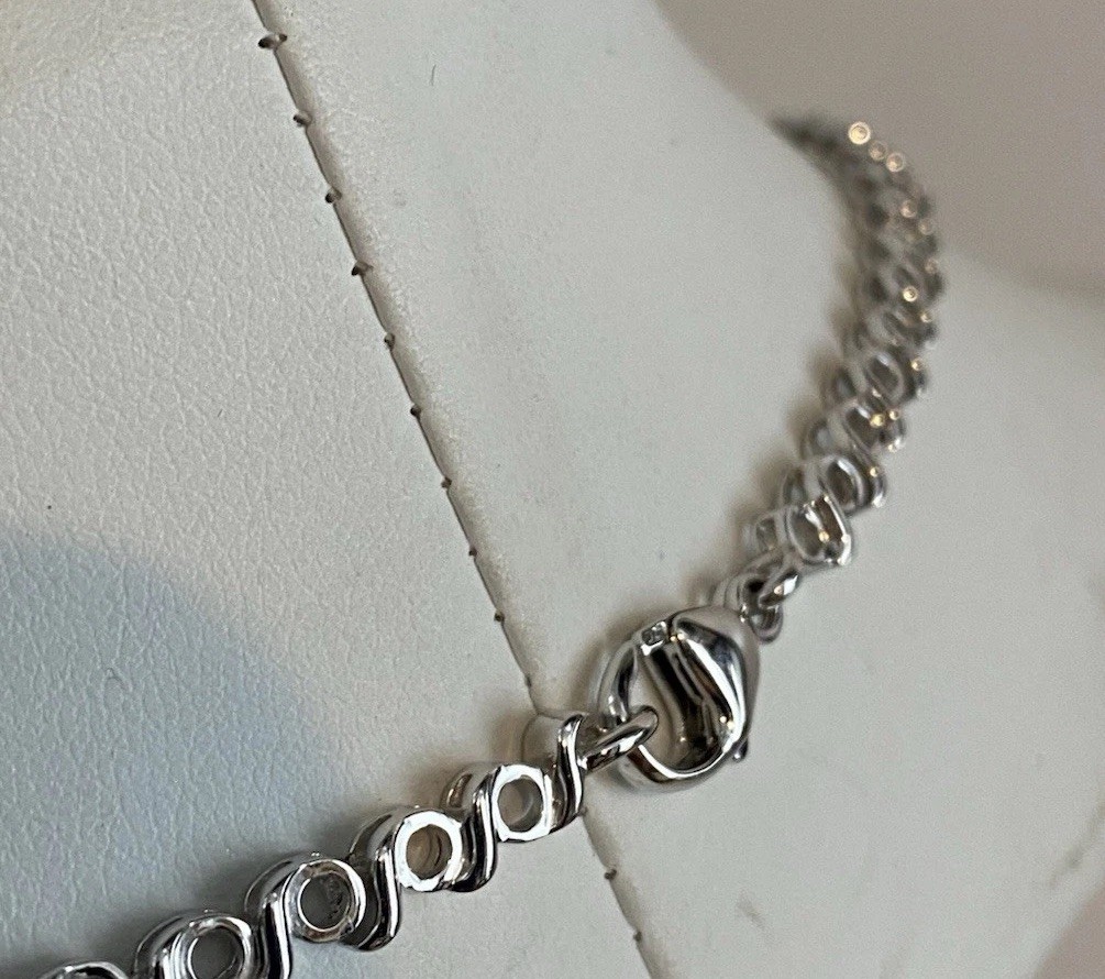 925 Sterling Silver Lab Created Blue & White Sapphire Tennis Necklace Signed EMA