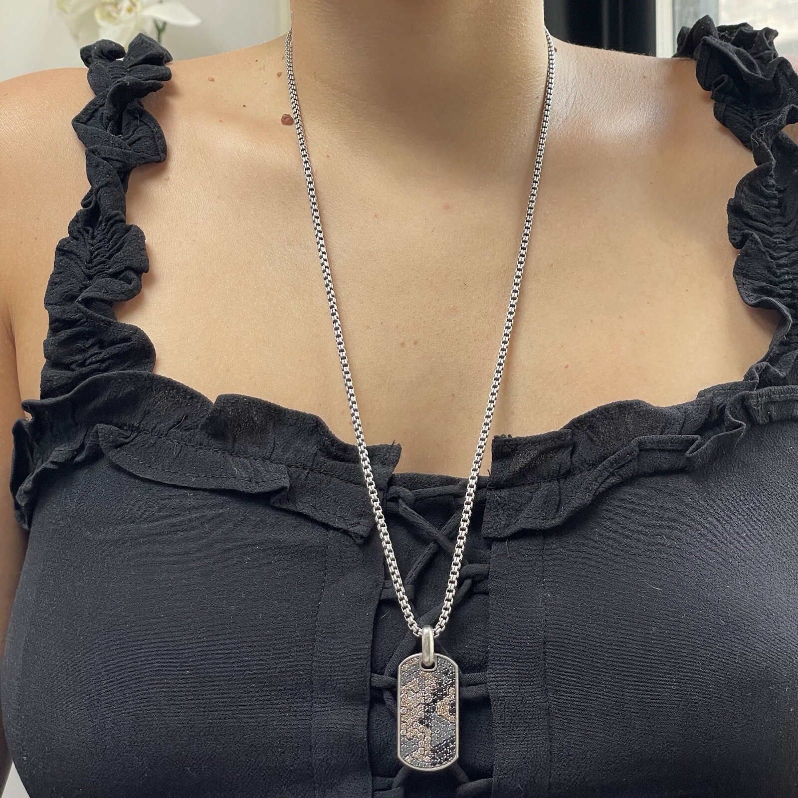 David Yurman Silver Diamonds & Garnets Chevron Tag Pendant Necklace $5000 Retail
