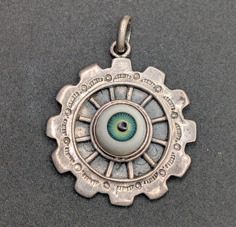 Sterling Silver 925 Evil Eye Good Luck Protection Stamped Steampunk Gear Pendant