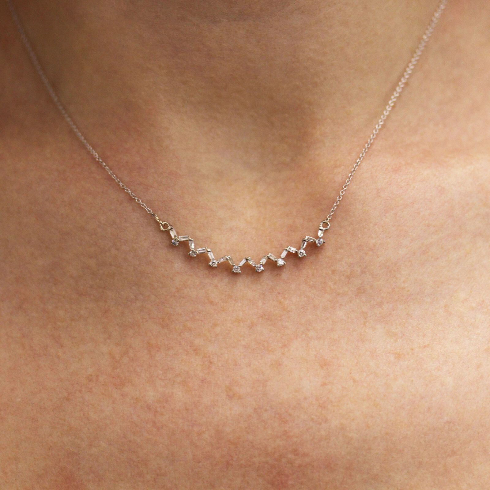 0.55 ctw Natural Baguette & Round Diamond Solid 14k White Gold Cluster Necklace