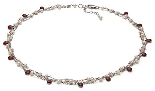 Triple Strand White Freshwater Pearl Tin Cup Necklace 4-5mm Red Garnets 17″-19″