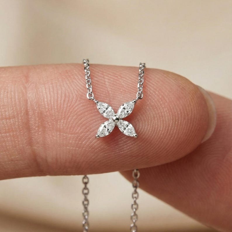 Marquise Cut Flower Necklace Four Petal Cluster Sterling Silver Floral Jewelry
